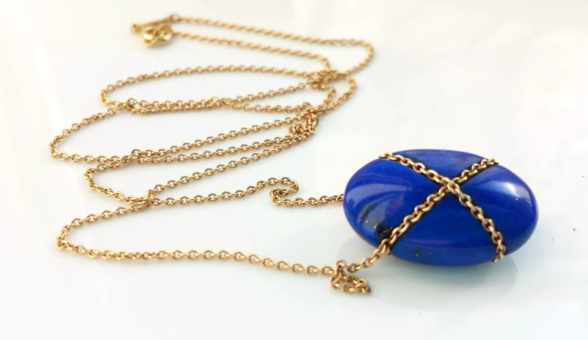 Vintage Tiffany & Co. Lapis Lazuli Bean Pendant / Necklace with 18in Gold Chain