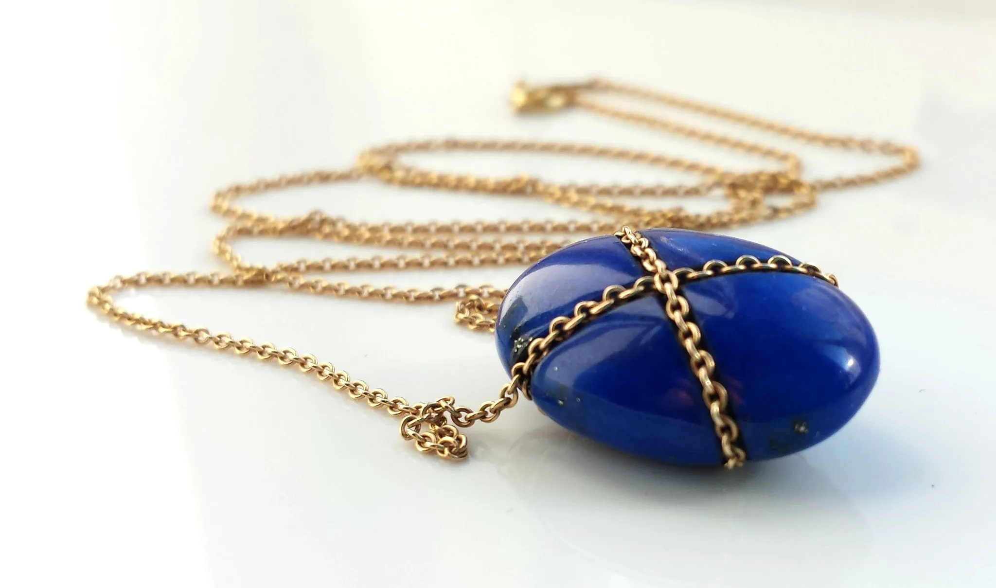 Vintage Tiffany & Co. Lapis Lazuli Bean Pendant / Necklace with 18in Gold Chain