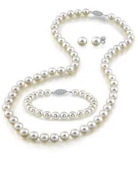 White Japanese Akoya Pearl 3-Piece Jewelry Set - AA  Quality